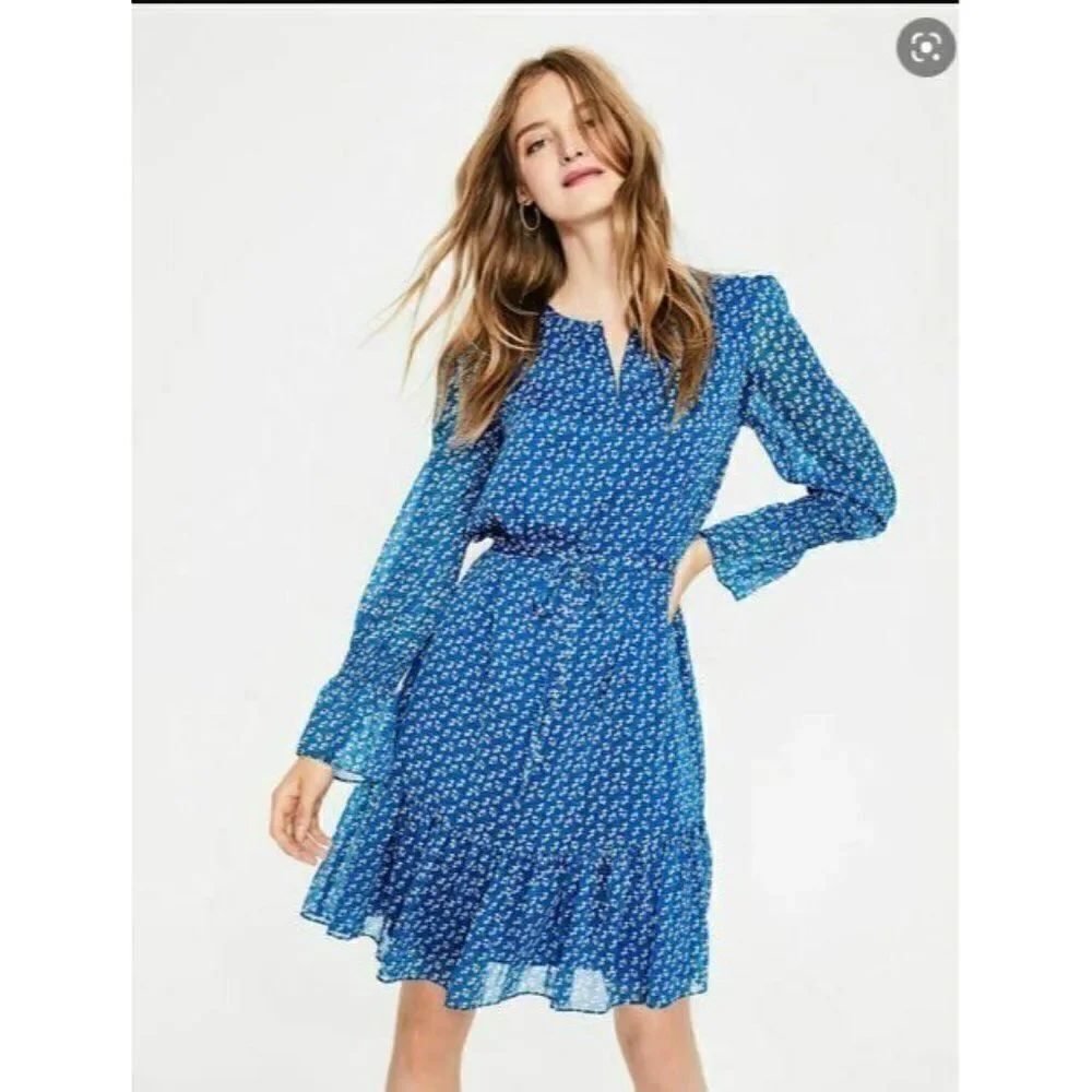 Boden Womens Blue Floral Dress Size 10 L Ruffled Polyester Tie Sash NWT